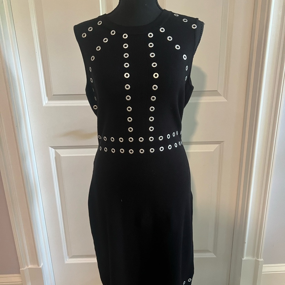 Neiman Marcus Black Midi Dress with Silver Eyelets